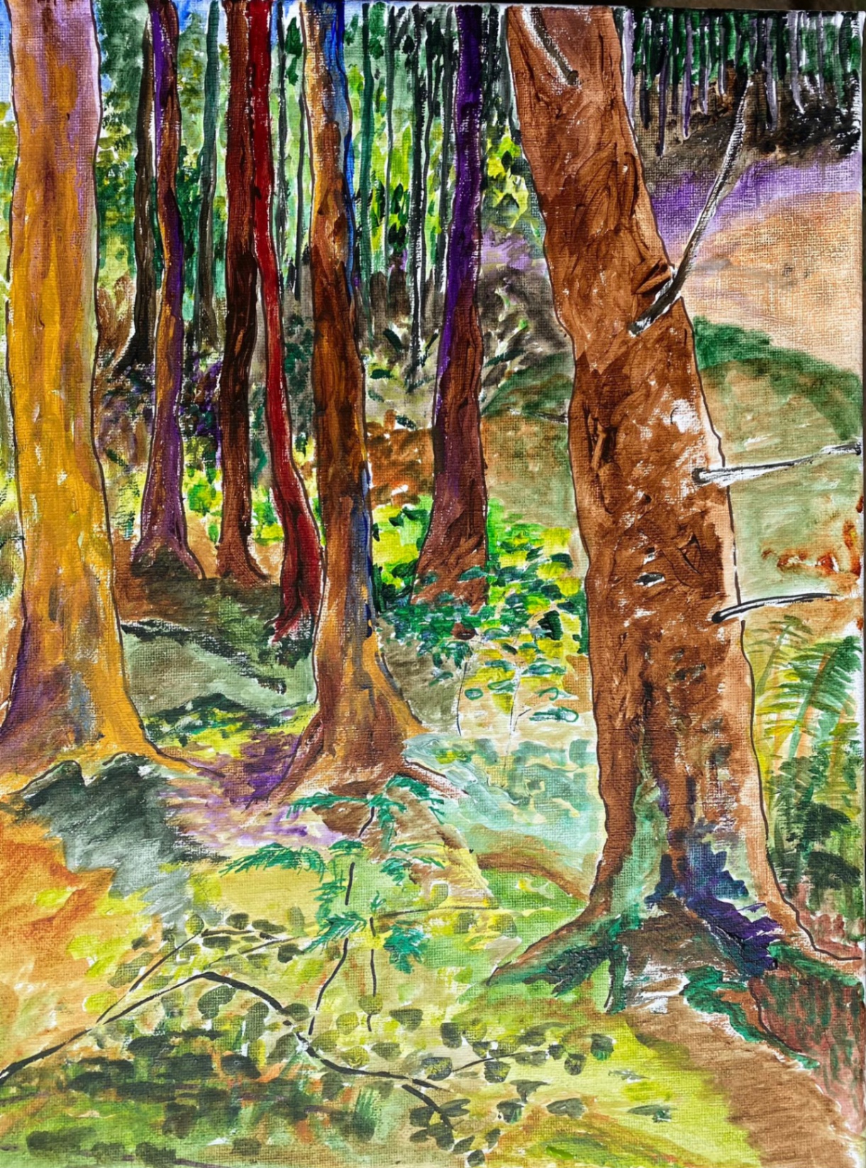 Wald mit farbigen Stämmen — Arbeit von Oda