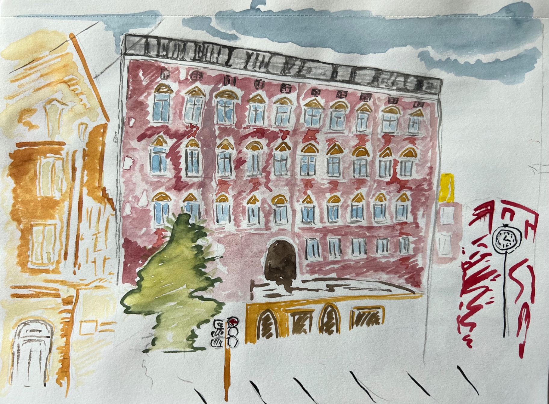 Rosa Fassade mit Bäumen — Aquarell von Nikolaus
